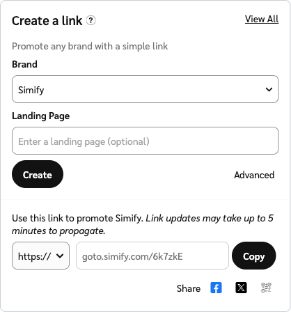 The Create a link card in Impact, with Simify selected as the brand and a goto.simify.com tracking link generated
