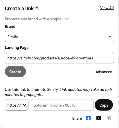 The Create a link card in Impact with a product landing page filled in and a new goto.simify.com deep link generated